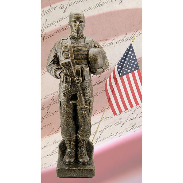 Image 1 Camo Soldier - African American 30 inchH Bronze Statue with Flag