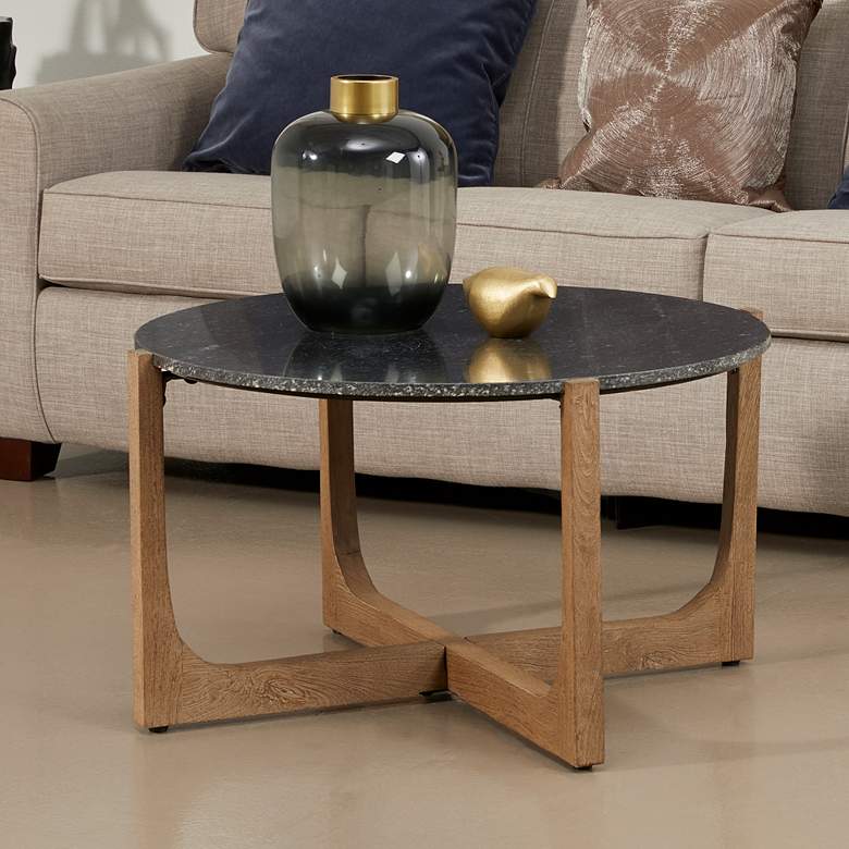 Image 1 Campbell 32 inch Wide Black Marble Natural Wood Cocktail Table