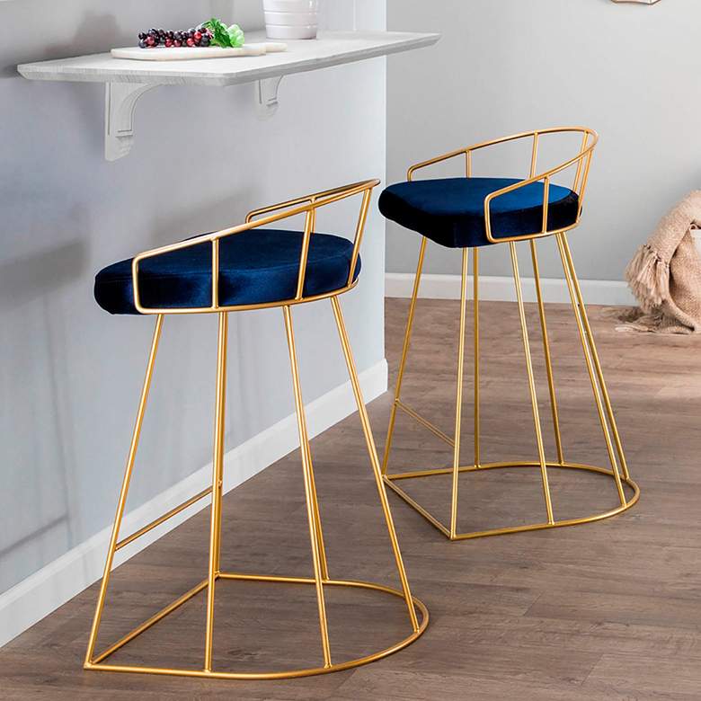 Image 1 Canary 26" Blue Velvet and Gold Modern Counter Stools Set of 2