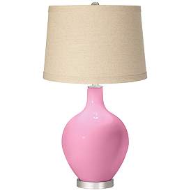Image1 of Candy Pink Burlap Drum Shade Ovo Table Lamp