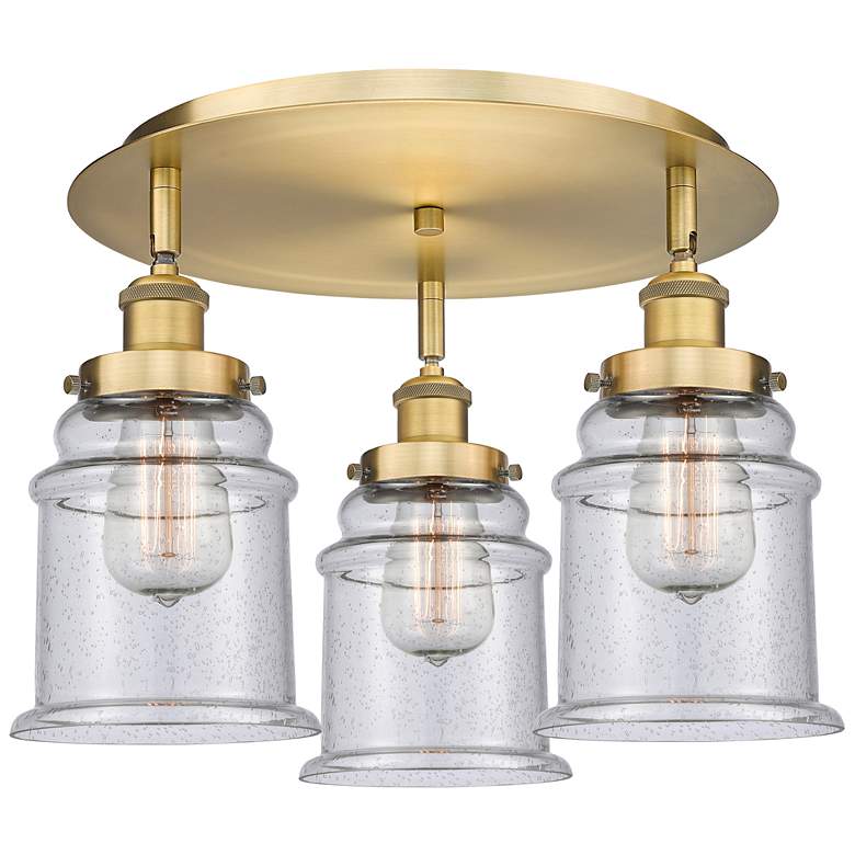 Image 1 Canton 17.75" Wide 3 Light Brushed Brass Flush Mount With Seedy Glass