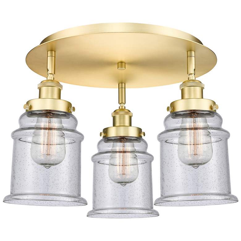 Image 1 Canton 17.75" Wide 3 Light Satin Gold Flush Mount With Seedy Glass Sha