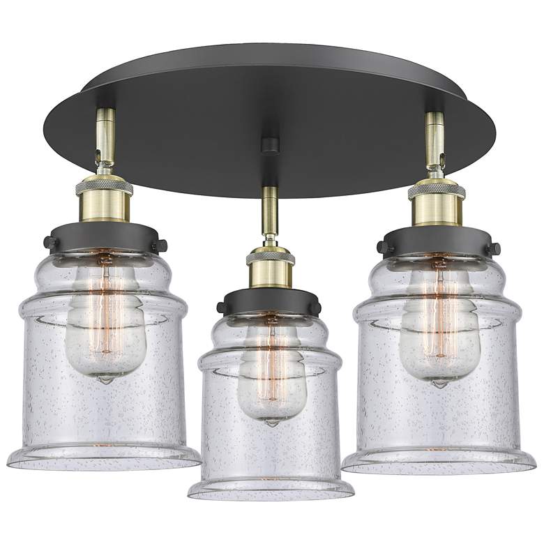 Image 1 Canton 17.75"W 3 Light Black Antique Brass Flush Mount w/ Seedy Glass