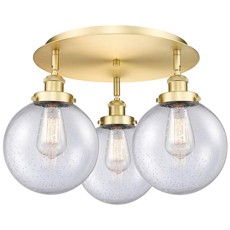 Image 1 Canton 19.75" Wide 3 Light Satin Gold Flush Mount With Seedy Glass Sha