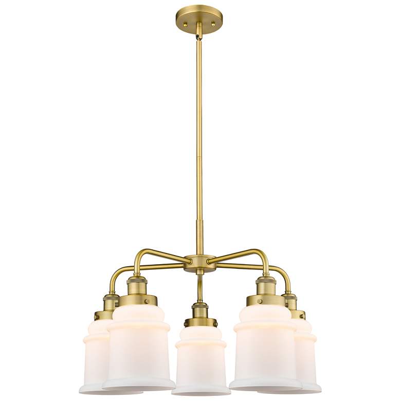 Image 1 Canton 24"W 5 Light Brushed Brass Stem Hung Chandelier w/ White Shade