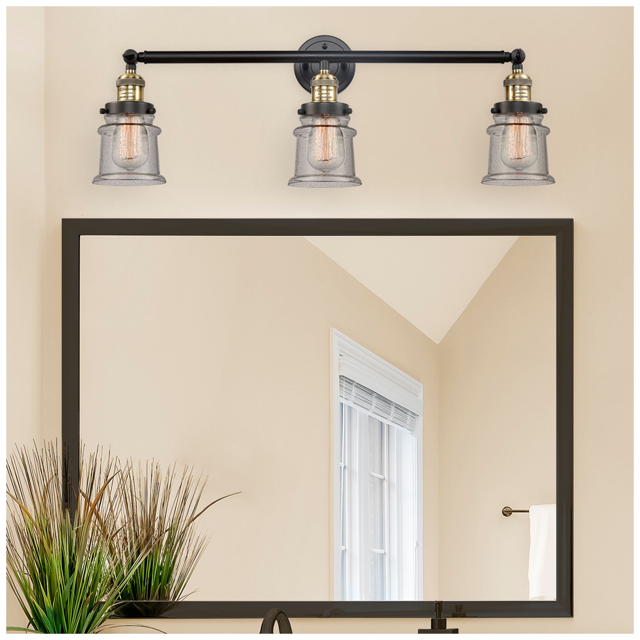 Image 3 Canton 30" Wide 3 Light Black Brass Bath Vanity Light w/ Seedy Shade more views