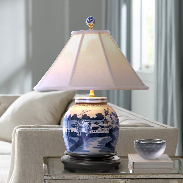 Image 1 Canton Blue and White 20 inch High Porcelain Jar Table Lamp