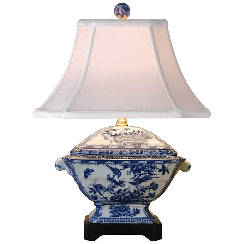 Canton Tureen 19&quot; High Blue and White Porcelain Table Lamp