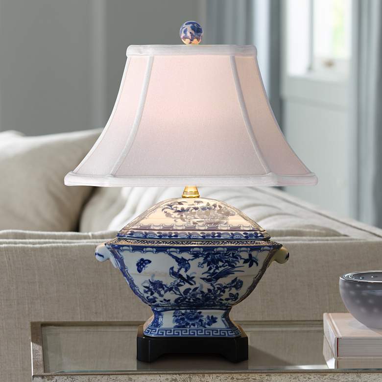 Image 1 Canton Tureen 19 inch High Blue and White Porcelain Table Lamp