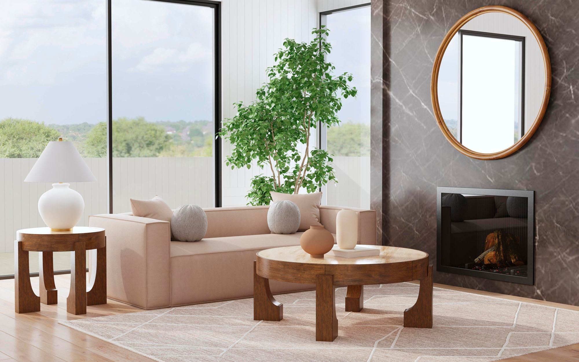 Image 5 Canyon 26" Wide Espresso and Travertine Round End Table more views