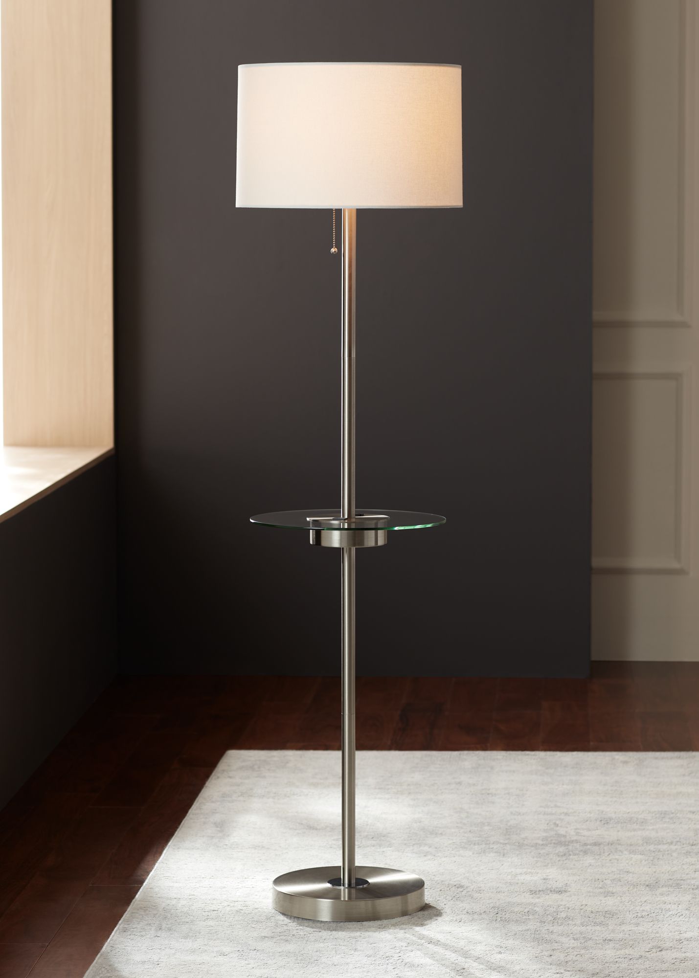 Caper Nickel Tray Table Floor Lamp with USB Port and Outlet