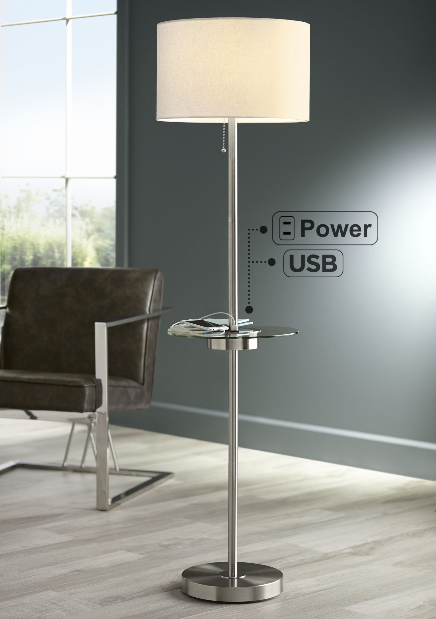 Caper Nickel Tray Table Floor Lamp with USB Port and Outlet