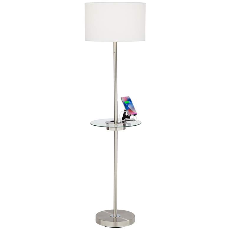 Caper Brushed Nickel Tray Table Floor Lamp with USB Port and Outlet more views