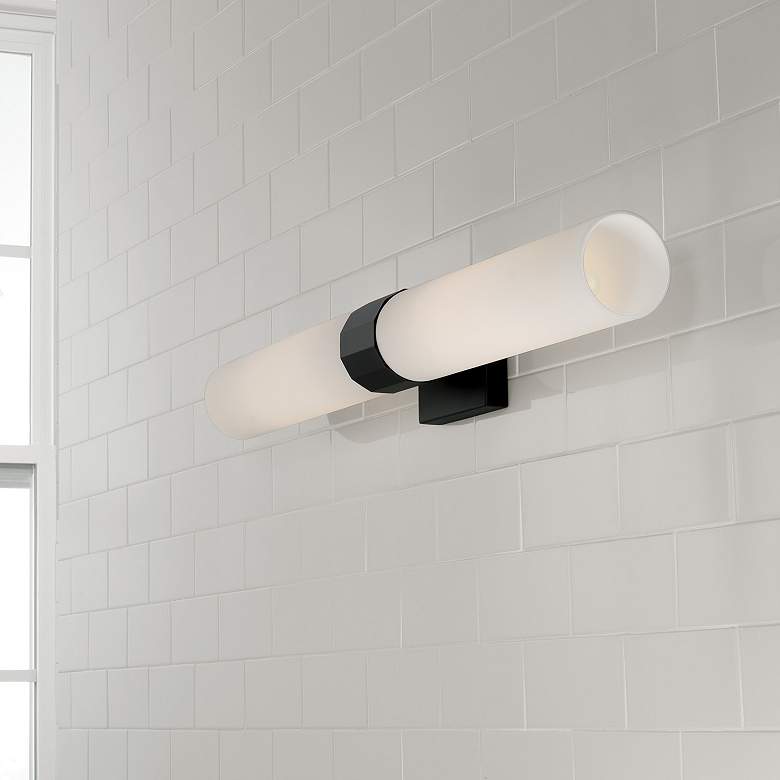 Image 3 Capital Lighting 29" Wide Matte Black Opal White Glass 2-Light Sconce more views