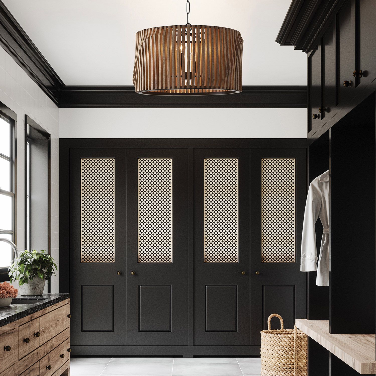 Capital Lighting Archer 24" 4-Light Black and Mango Wood Drum Pendant in scene