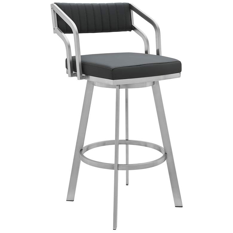 Image 1 Capri 26 in. Swivel Barstool in Brushed Stainless Steel, Gray Faux Leather