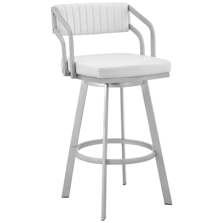 Image 1 Capri 26 in. Swivel Barstool in Silver Finish with White Faux Leather