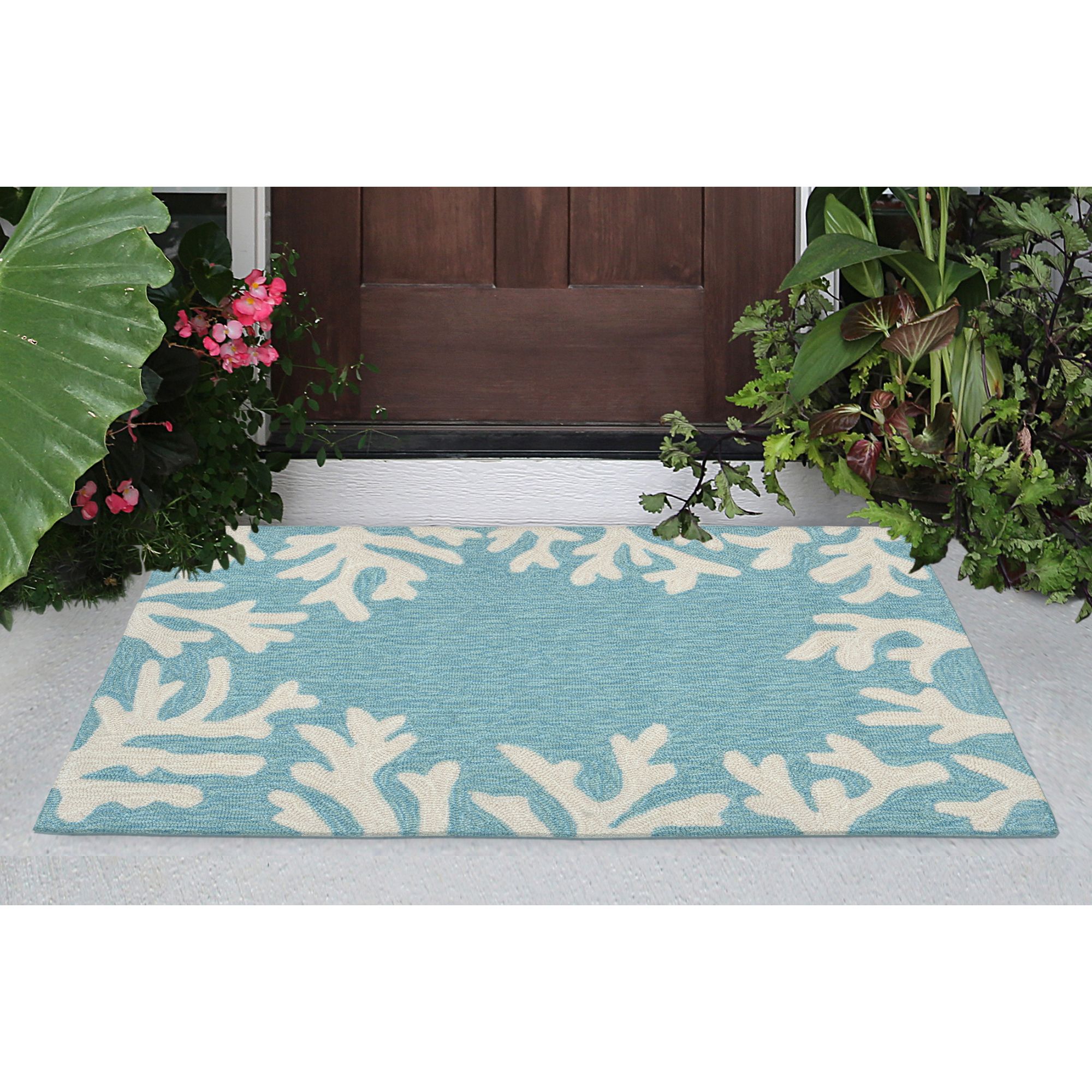 Thumbnail1 of Capri Coral Border 162004 1'8"x2'6" Aqua Outdoor Area Rug