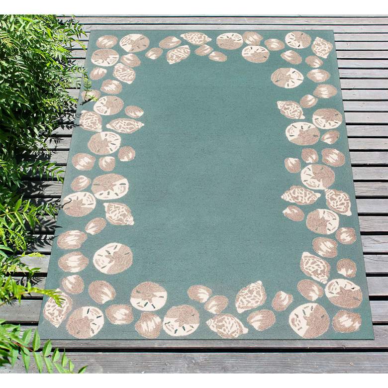 Image 1 Capri Seashell Border 172304 5&#39;x7&#39;6 inch Aqua Outdoor Area Rug