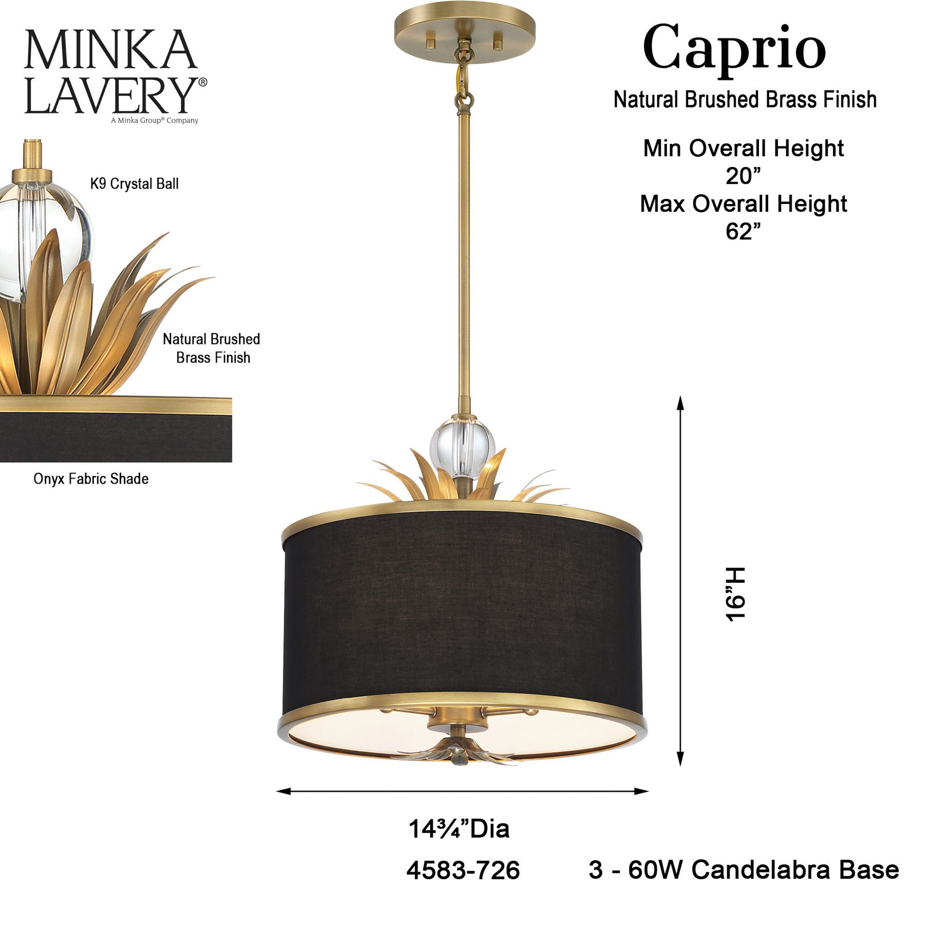 Caprio 14 3/4"W Brushed Brass and Black Fabric Pendant Light