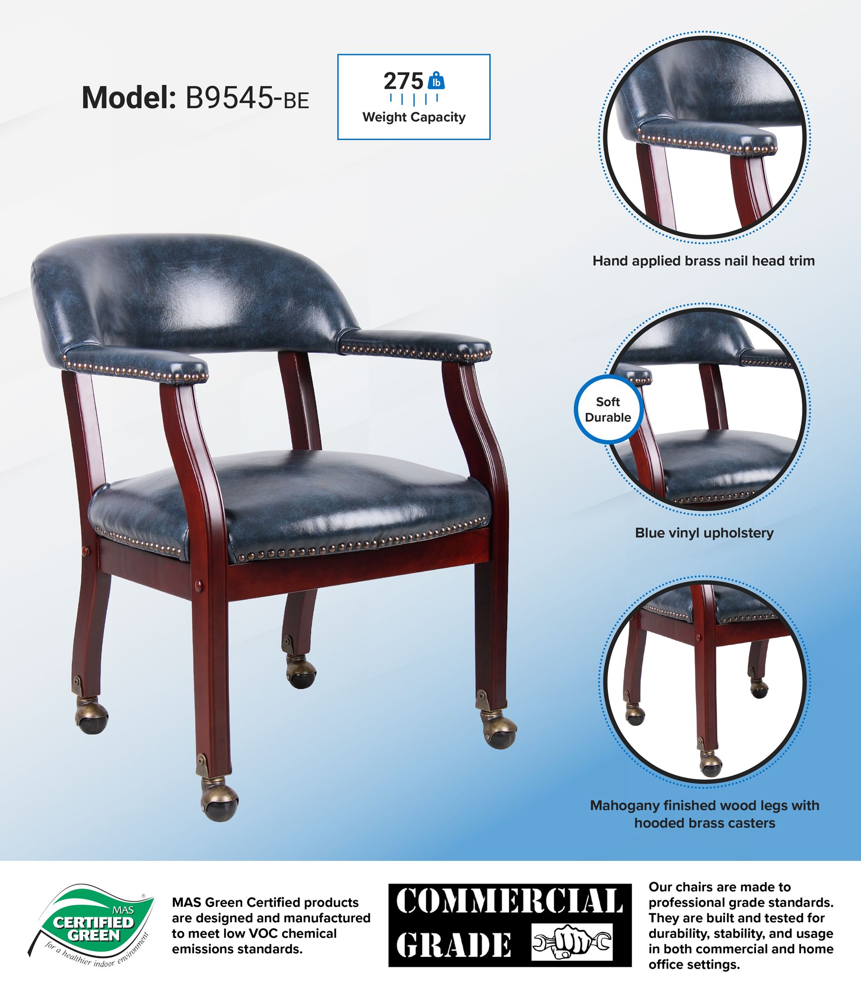 Captain Blue Vinyl Accent Dining Chair with Casters