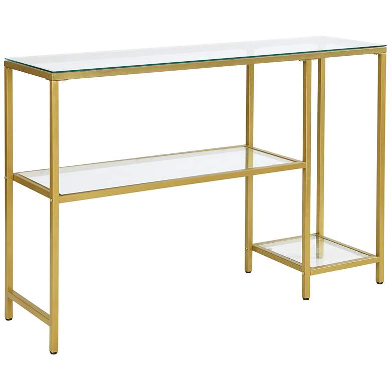 Image 2 Cara 48 inch Wide Clear Glass Gold Metal Shelf Console Table