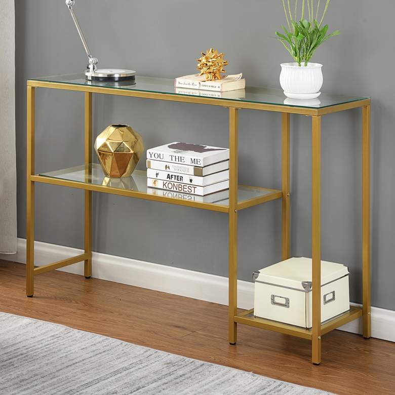 Image 1 Cara 48" Wide Clear Glass Gold Metal Shelf Console Table