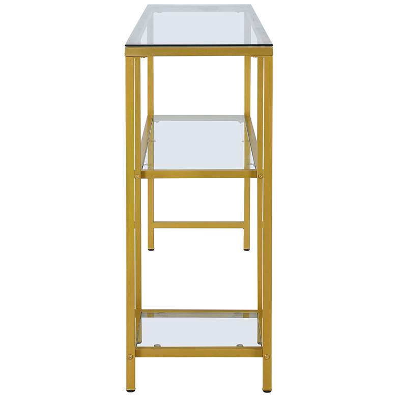 Image 4 Cara 48 inch Wide Clear Glass Gold Metal Shelf Console Table more views