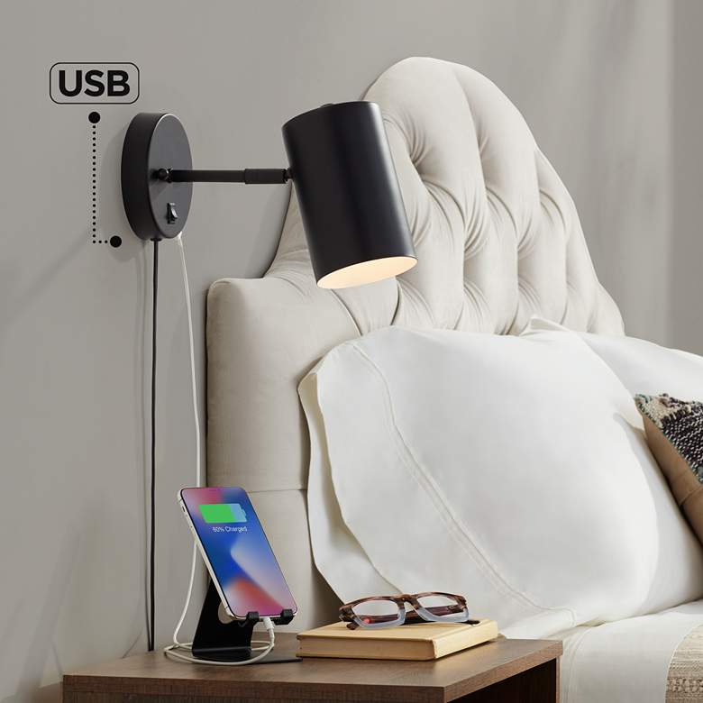 Image 1 Carla Black Cylinder Plug-In Wall Lamp with USB Port