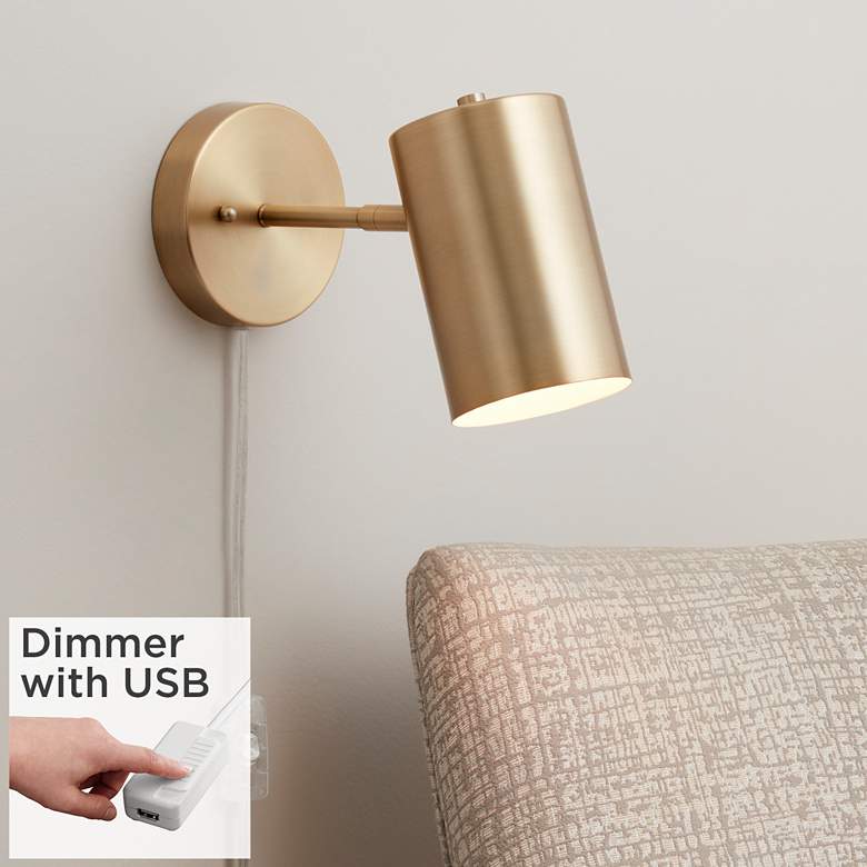 Image 1 Carla Brushed Brass Down-Light Plug-In Wall Lamp with USB Dimmer