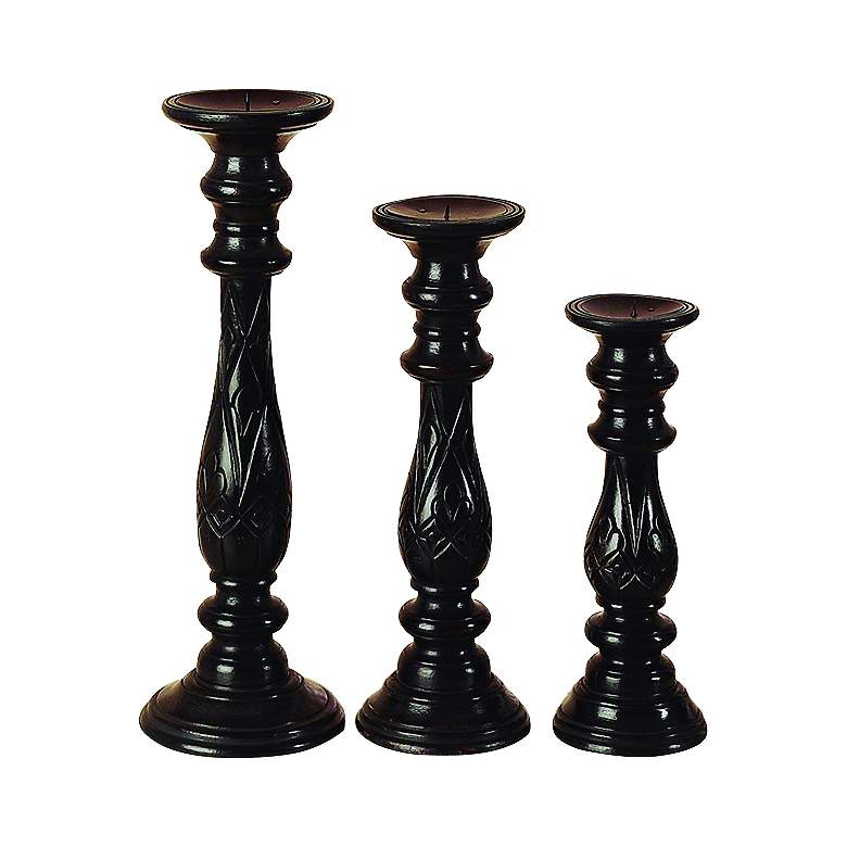 Image 1 Carli Carved Espresso Wood 3-Piece Pillar Candle Holder Set