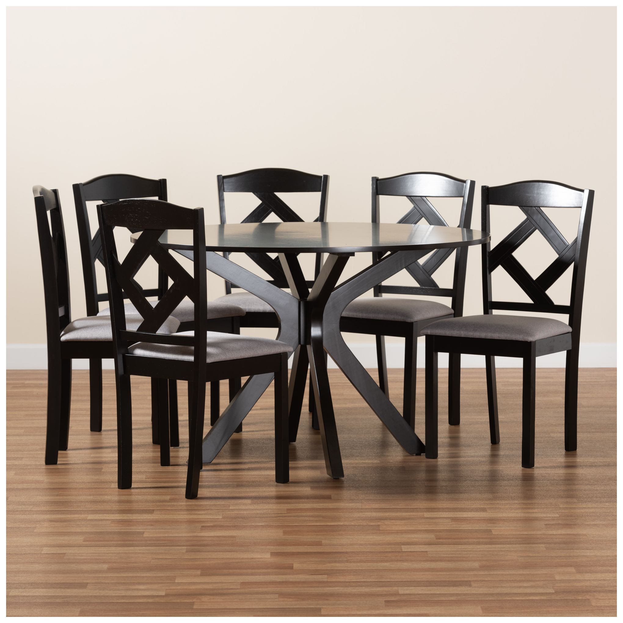 Carlin Gray Fabric Dark Brown Wood 7-Piece Dining Set in scene