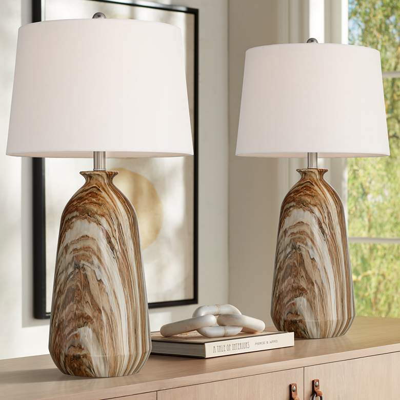 Image 1 Carlton Brown Faux Marble Table Lamps with Cream Shades Set of 2