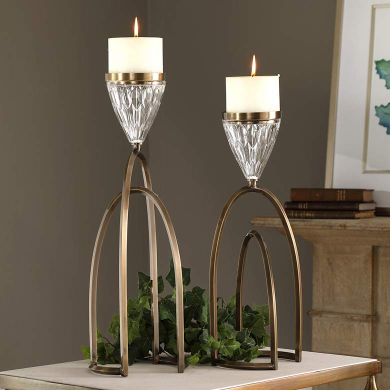 Image 1 Carma Bronze and Clear Glass Pillar Candle Holder Set of 2