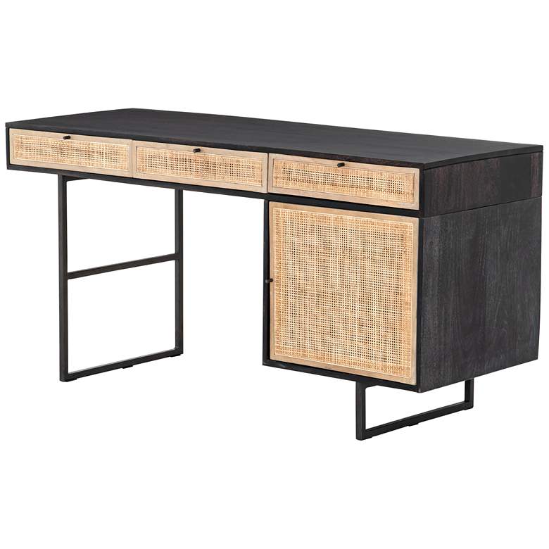 Carmel 60 inch Wide Black Wash and Light Cane 3-Drawer Desk