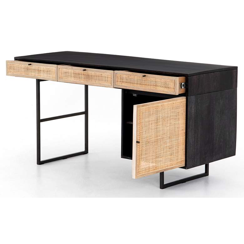 Carmel 60 inch Wide Black Wash and Light Cane 3-Drawer Desk more views
