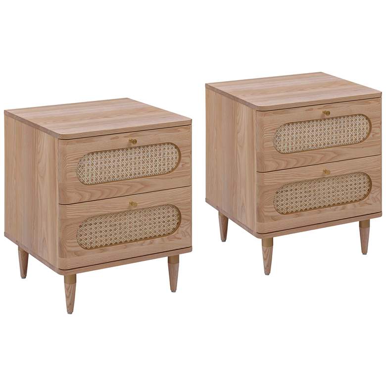 Image 2 Carmen 19" Wide Natural Wood and Cane 2-Drawer Nightstands Set of 2