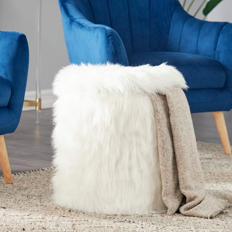 Image 1 Carminna White Faux Fur Round Accent Stool with Storage