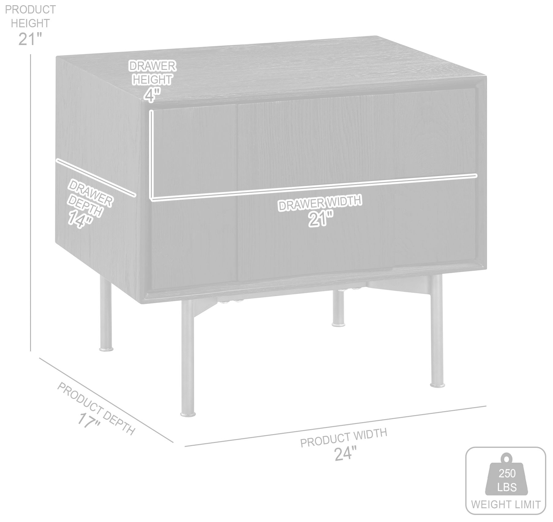 Carnaby Nightstand with 2 Drawers in Black Brushed Oak and Bronze
