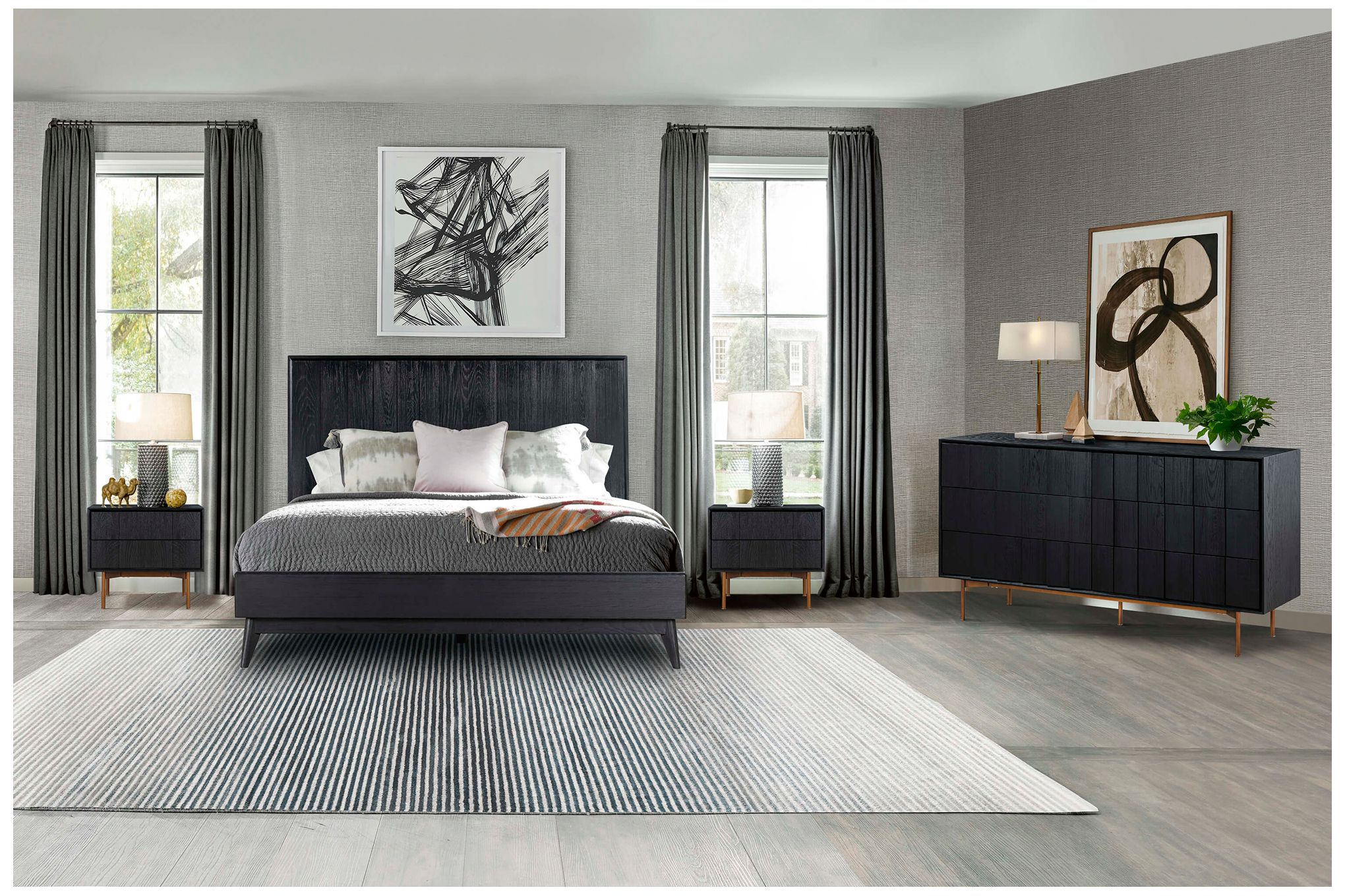 Carnaby Nightstand with 2 Drawers in Black Brushed Oak and Bronze