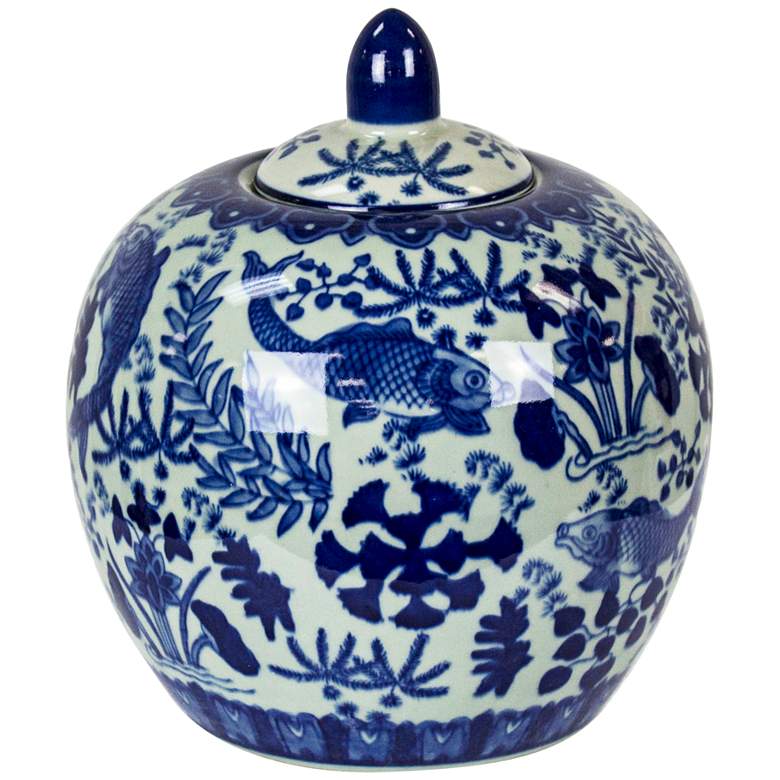 Image 1 Carol 9 inch Blue and White Round Ceramic Covered Jar