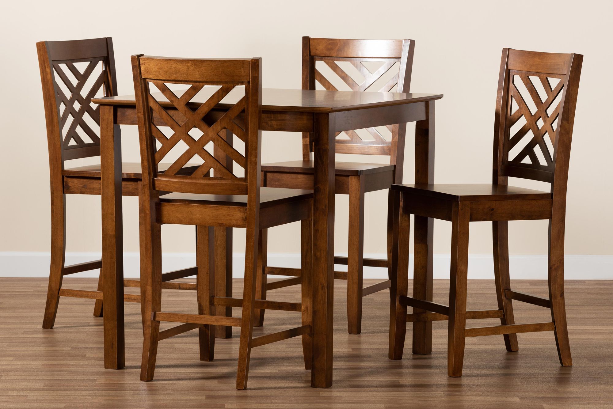 Caron Walnut Brown Wood 5-Piece Pub Height Dining Set in scene