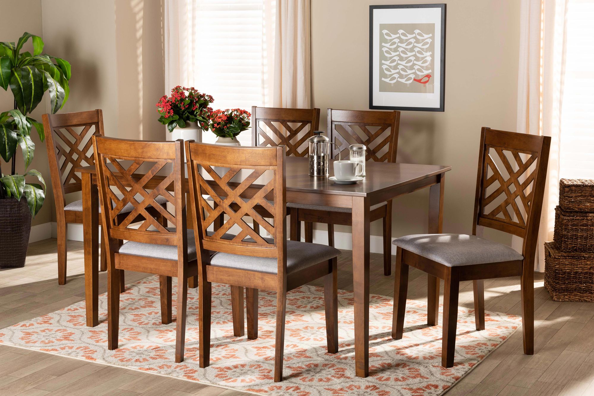 Caron Walnut Brown Wood 7-Piece Dining Table and Chair Set