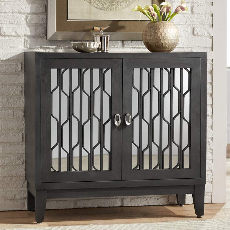 Image 1 Carson 34 inch Wide Gray Wood Mirrored 2-Door Cabinet