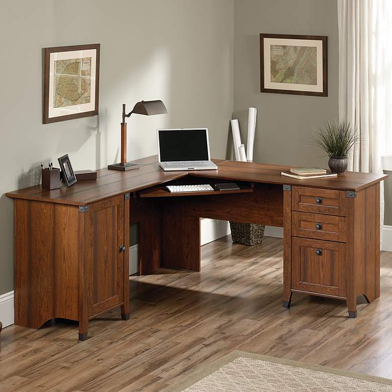 Image 1 Carson Forge 66 1/4"W Washington Cherry Corner Computer Desk