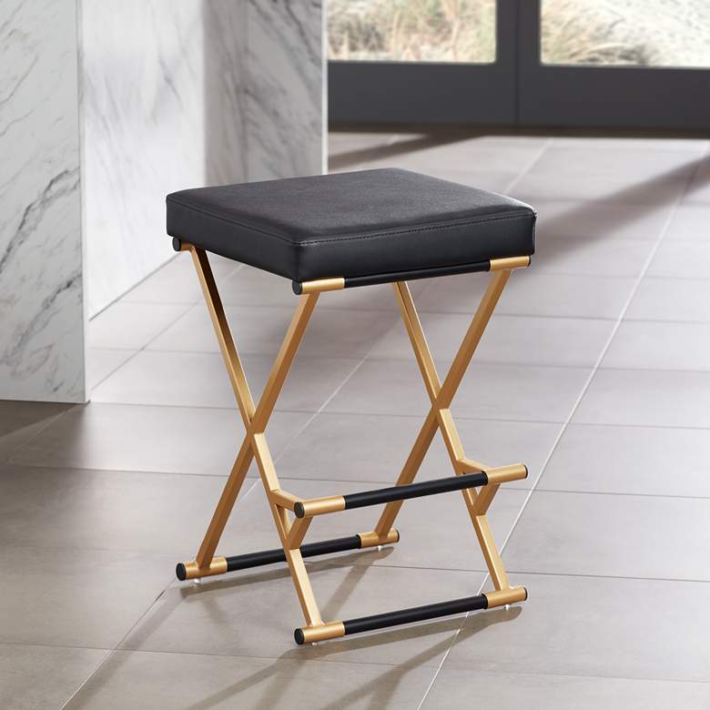Image 1 Carter 25" High Black Faux Leather and Gold Counter Stool