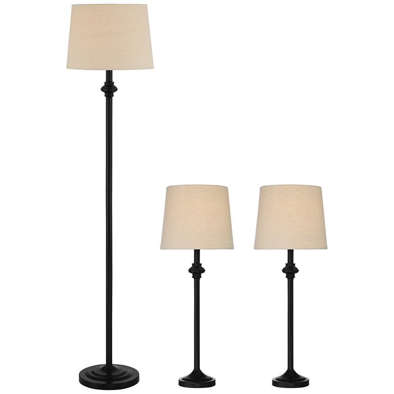 Image 2 Carter Black Finish Cream Shade 3-Piece Floor and Table Lamp Set