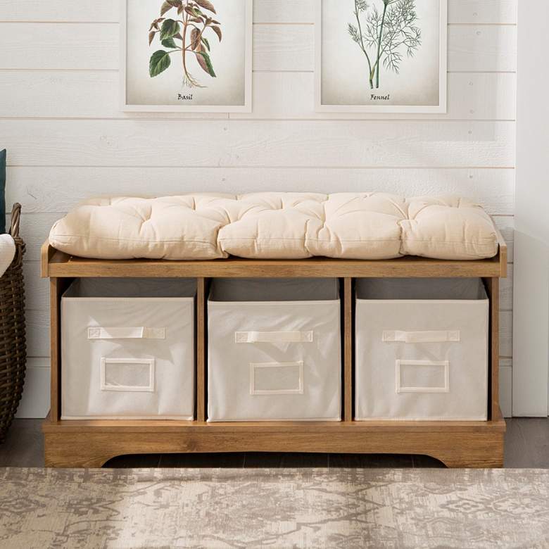 Image 1 Carvallo 42" Wide Barnwood 3-Cubby Storage Bench with Bins