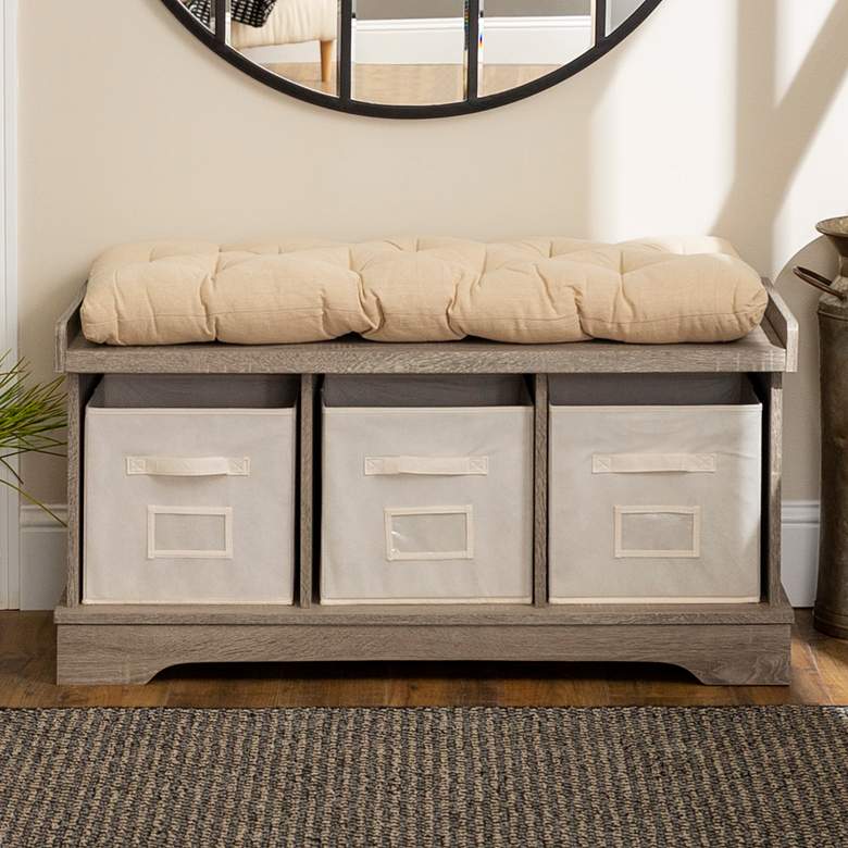 Image 1 Carvallo 42" Wide Driftwood 3-Cubby Storage Bench with Bins