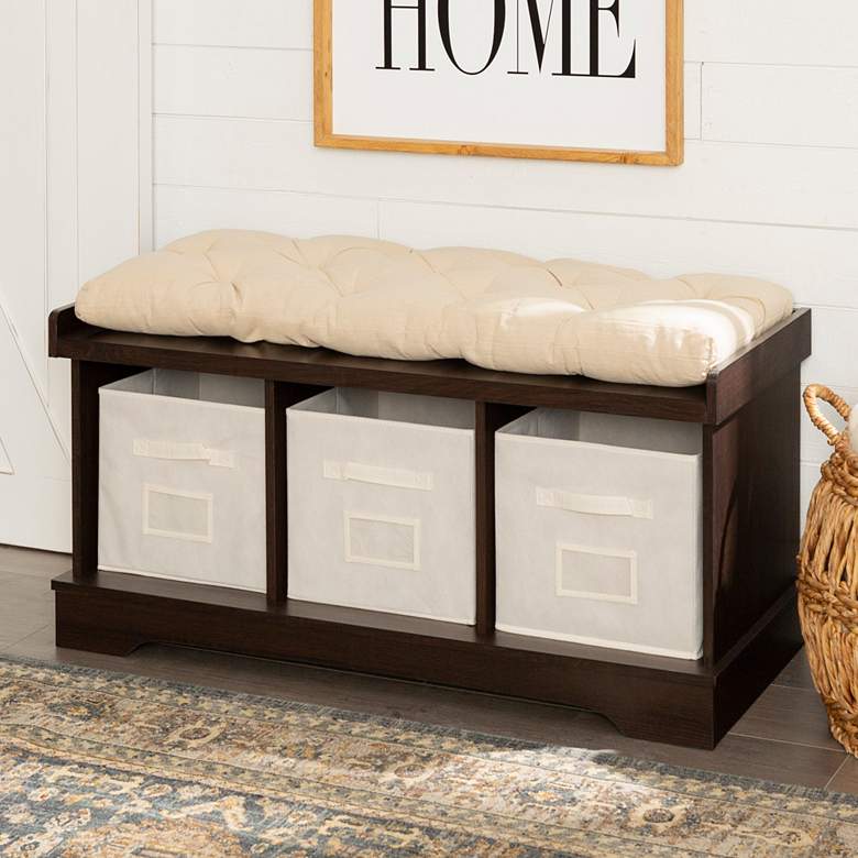 Image 1 Carvallo 42" Wide Espresso 3-Cubby Storage Bench with Bins